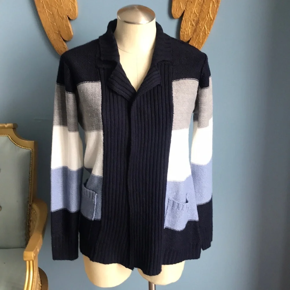Jason Maxwell color block blue, white, gray fall winter open cardigan sweater S